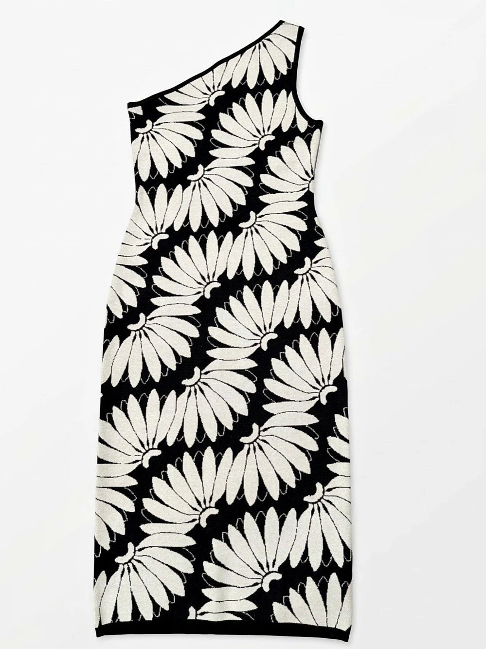 FARM RIO Black & White Floral/Banana Knit One Shoulder Midi Dress - Size S